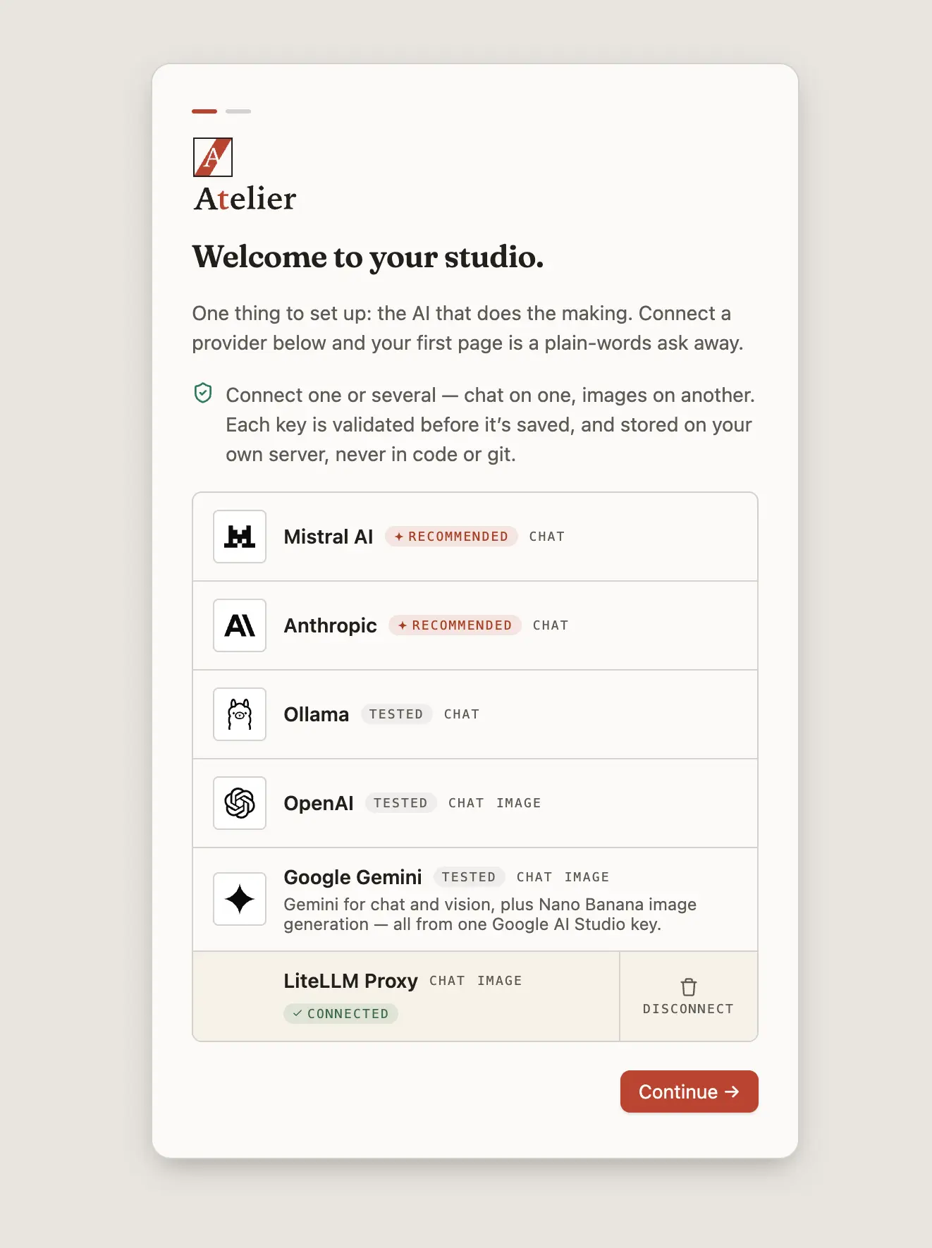 Atelier's welcome screen, reading 'Welcome to your studio', listing Mistral, Anthropic, Ollama, OpenAI and Google Gemini to connect, with a LiteLLM Proxy already marked as connected.