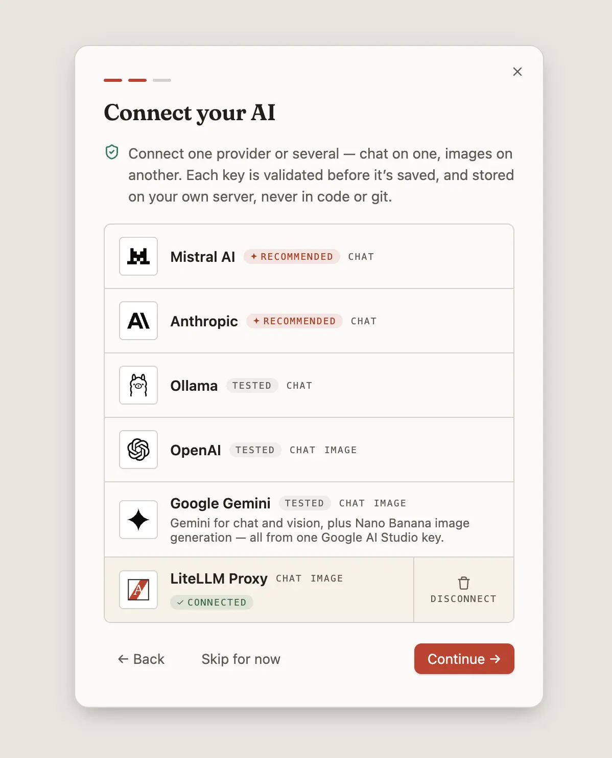 Atelier's Connect your AI screen listing Mistral, Anthropic, Ollama, OpenAI, Google Gemini and a LiteLLM Proxy marked as connected.