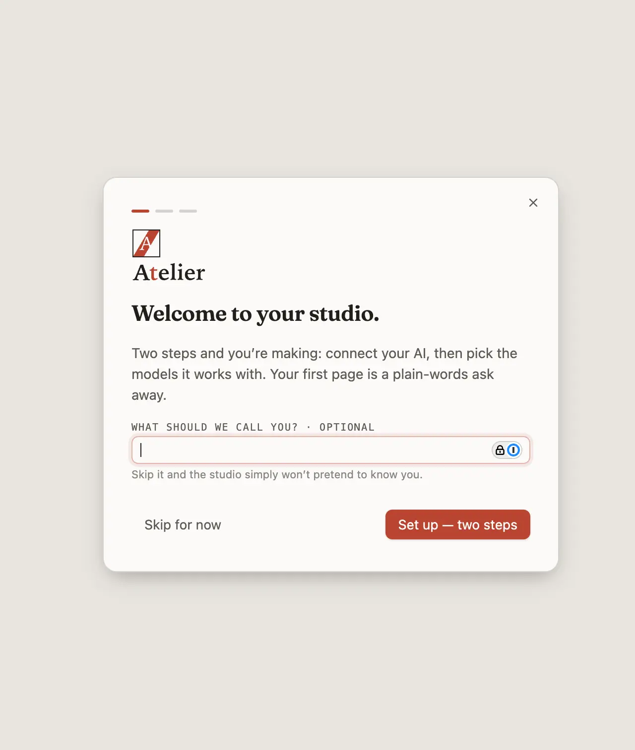 Atelier's welcome dialog reading 'Welcome to your studio' with a two-step setup and a Skip for now option.