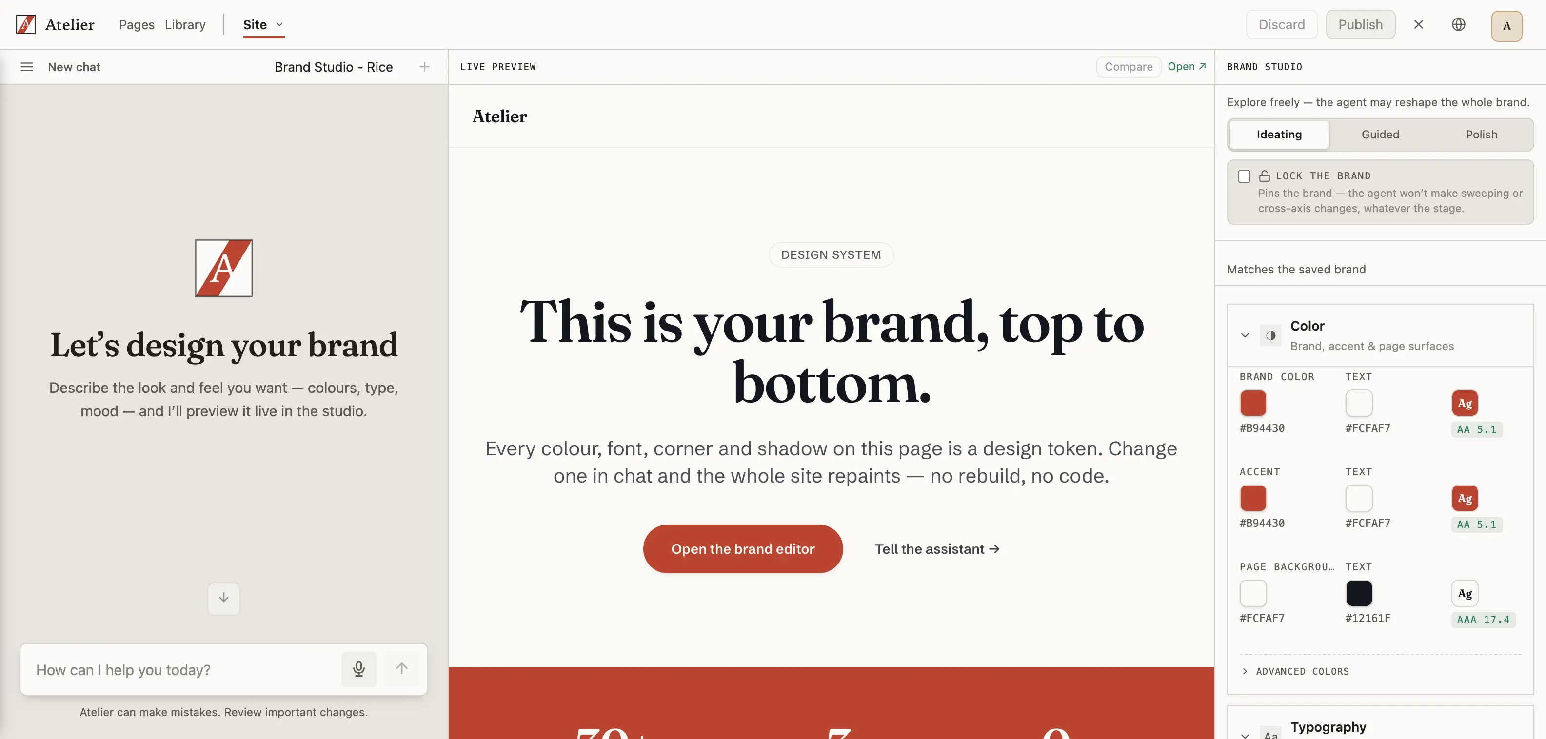 Atelier's Design System studio showing a live brand preview beside a panel of colour tokens with contrast ratings and a typography section.