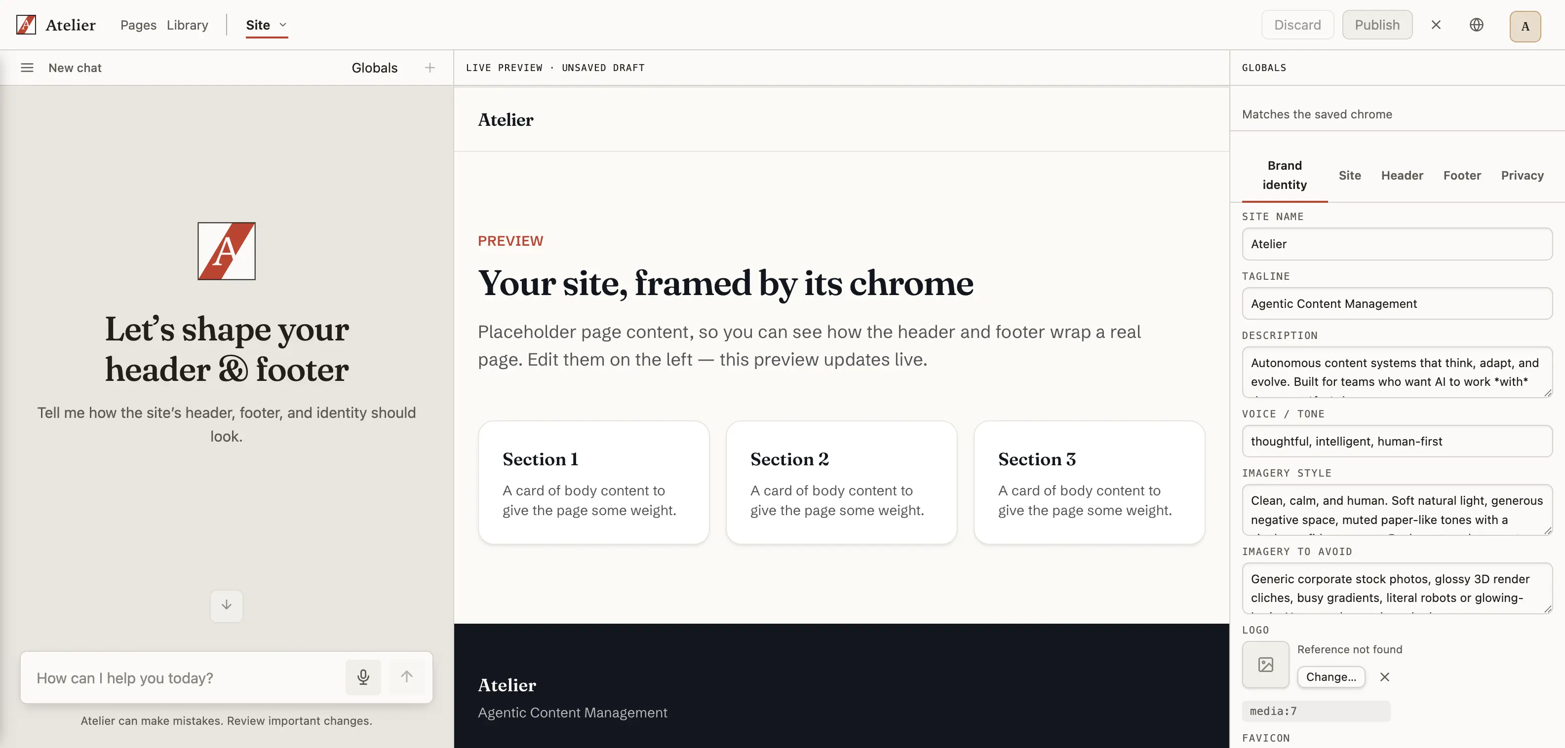 Atelier's Globals studio: a placeholder page showing how the header and footer wrap real content, beside a Brand identity panel with site name, tagline, voice and imagery fields.