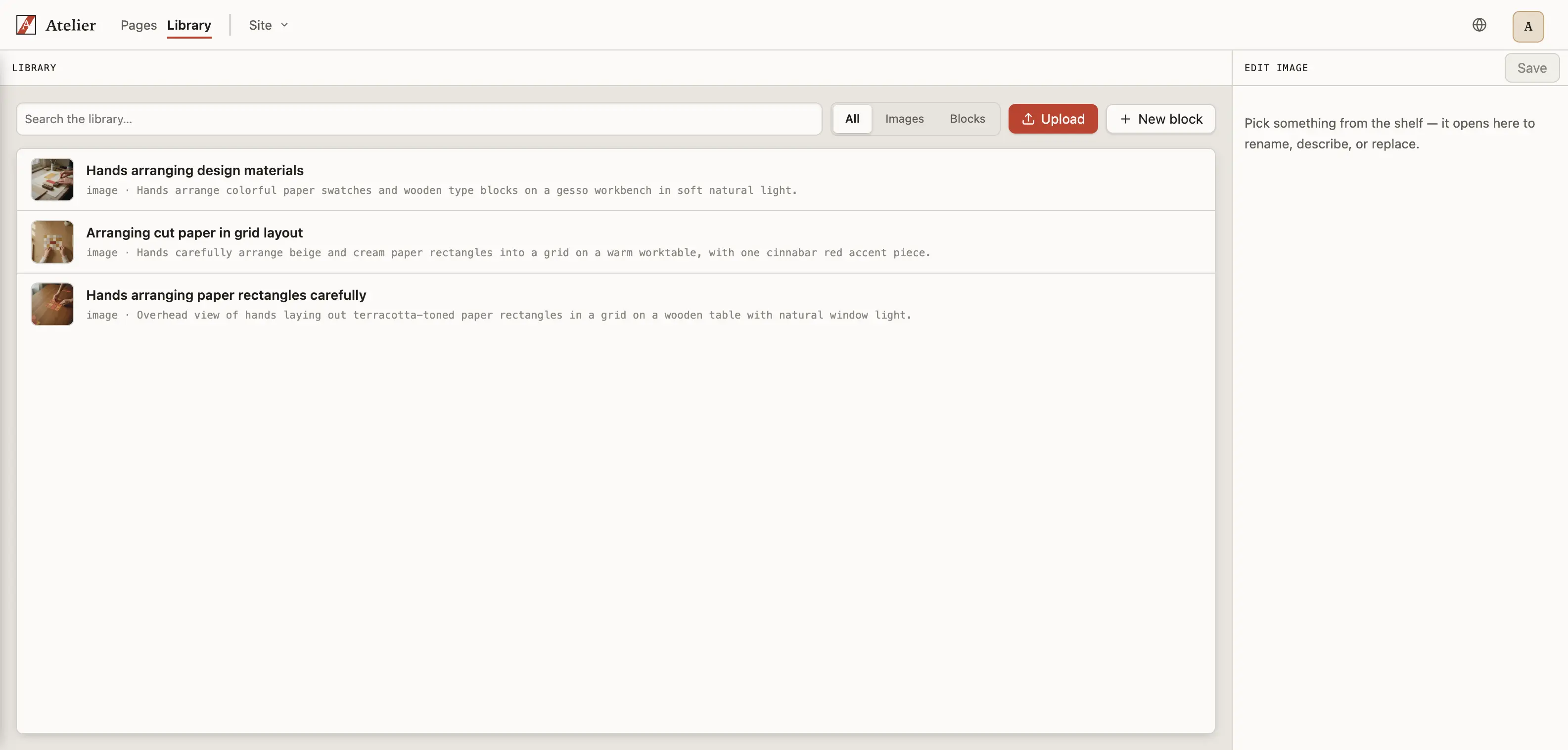 Atelier's Library listing three images, each with an AI-written title and a descriptive alt text line beneath it.