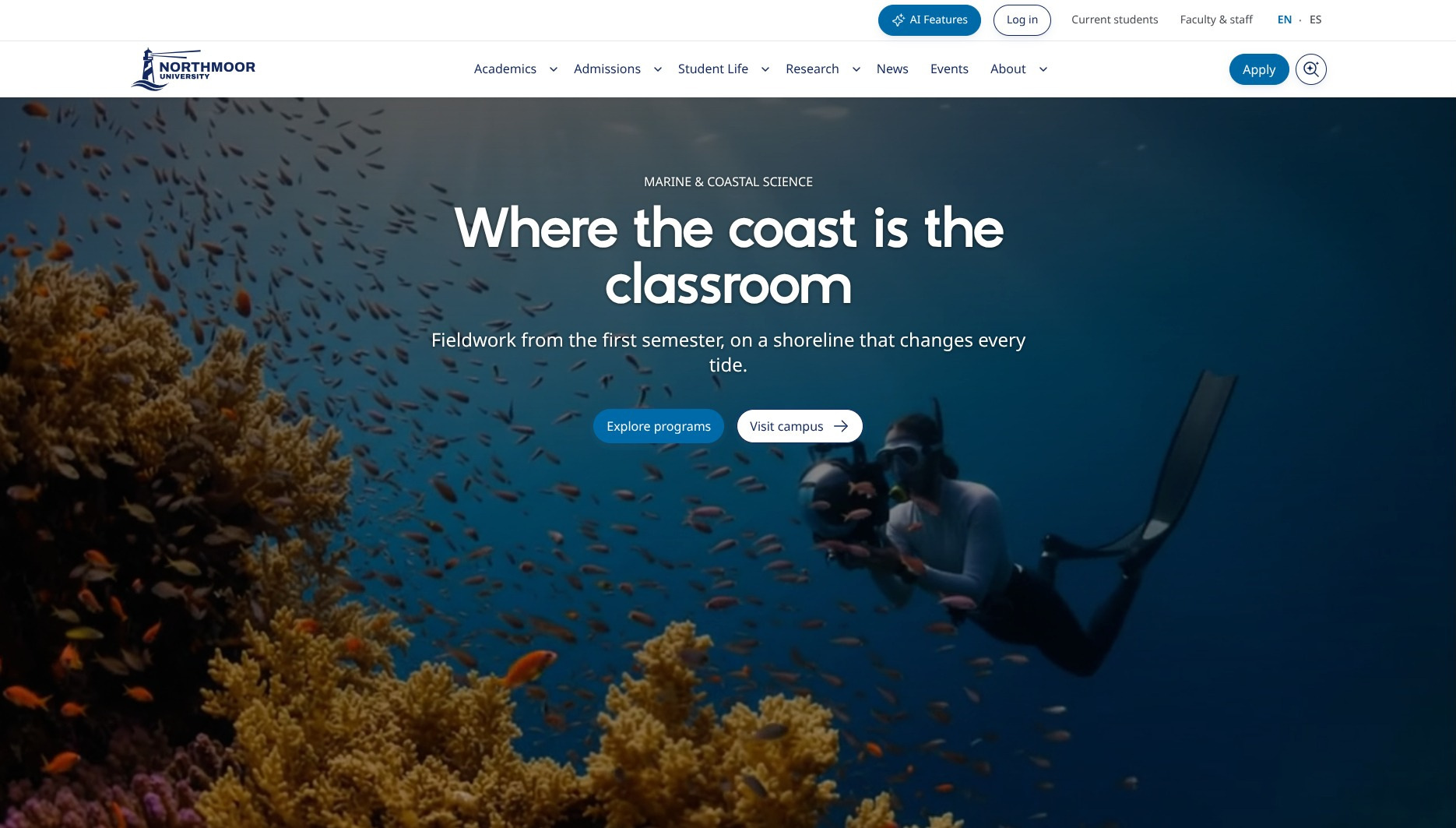 Homepage of the fictional Northmoor University website in the Drupal AI Demo