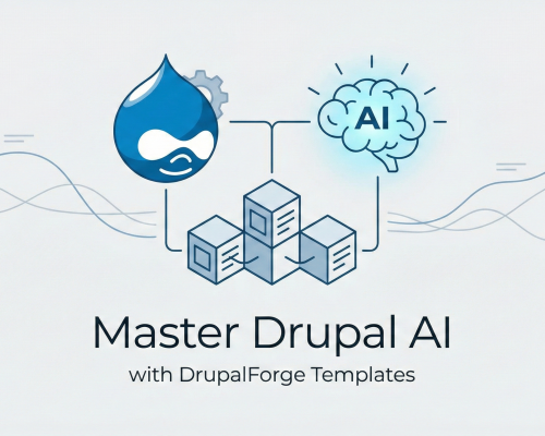 A minimalist illustration featuring the Drupal logo connected to a digital brain icon via structural blocks, with the text 'Master Drupal AI with DrupalForge Templates.
