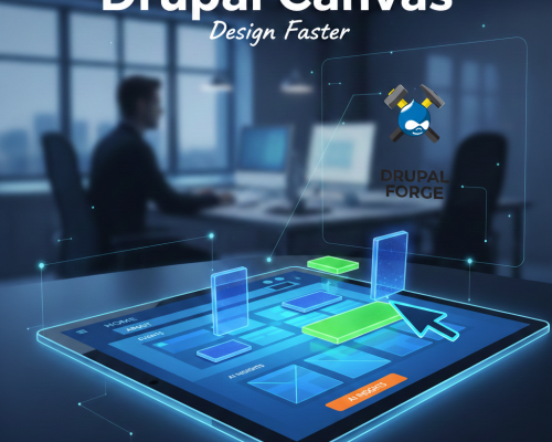 A futuristic digital workspace featuring a glowing tablet interface with 3D website building blocks. The image includes the text 'Drupal Canvas Design Faster' and the DrupalForge logo—a blue Drupal drop icon with crossed hammers—over a blurred office background.