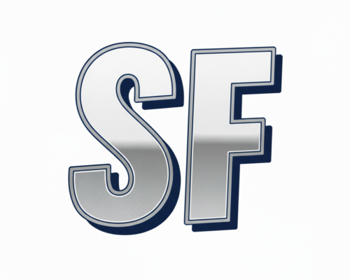 ShopForge logo featuring the stylized letters 'SF' in a metallic silver gradient with a bold blue outline and drop shadow.
