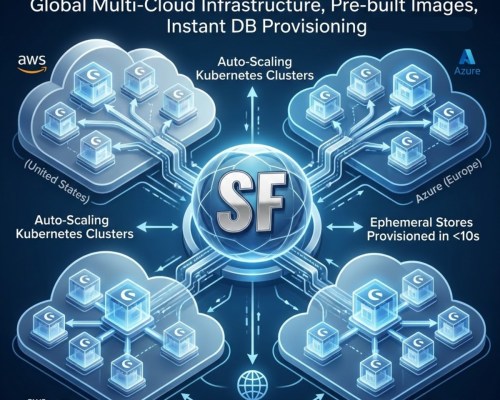 A high-tech diagram visualizing the ShopForge platform as a central hub (metallic SF logo) orchestrating and scaling thousands of Shopware 6 stores across auto-scaling Kubernetes clusters in AWS, Azure, and OVHcloud with the title: 'HOW SHOPFORGE SCALES SHOPWARE SITES.