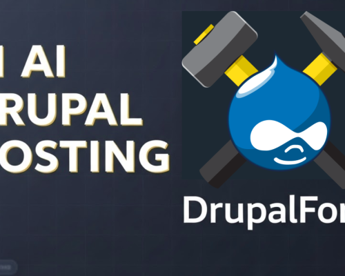 A data visualization on a dark slate background comparing Traditional PaaS to DrupalForge performance. A towering bar chart in blue-to-yellow gradients is topped by the DrupalForge Goggle Drop logo. Text indicates '#1 FOR AI-READY SITES' with instant provisioning, hybrid orchestration, 80% cost reduction, and native AWS EKS support. A prominent golden-yellow upward-pointing arrow is central.