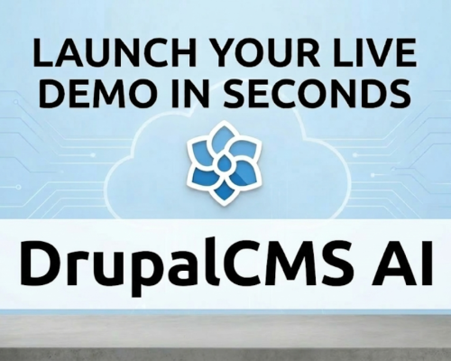 A promotional banner for "DrupalCMS AI" with a blue and white cloud-shaped logo featuring a flower icon. The top text reads "LAUNCH YOUR LIVE DEMO IN SECONDS." In a large, bold font across the middle is the title "DrupalCMS AI," all set against a clean, light blue background with faint circuit board patterns and a solid grey pedestal base.