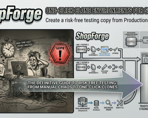 A wide infographic contrasting traditional, chaotic manual staging (left) with optimized ShopForge workflows (right). On the left, a frantic developer pulls their hair out, surrounded by icons of manual database dumps (SQL), time costs (clock), and red GDPR risks. A large arrow bridges this chaos to the right, labeled 'THE DEFINITIVE GUIDE TO RISK-FREE TESTING: FROM MANUAL CHAOS TO ONE-CLICK CLONES'. On the right, clean technical diagrams (derived from image_19.png and image_21.png) show parallel 'Lane' wor