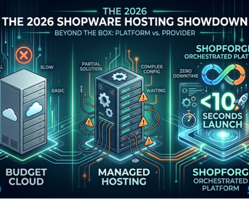 Infographic comparing three tiers of Shopware 6 hosting in 2026: Budget Cloud with manual setup, Managed Hosting with complex configuration, and ShopForge Orchestrated Platform featuring a <10 seconds launch, Kubernetes integration, and zero-downtime deployments.