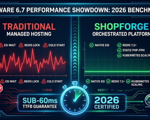 A technical performance dashboard comparison graph for Shopware 6.7 in 2026. A traditional managed hosting scenario (left) shows high Time to First Byte (TTFB: 850ms) and warning icons for 'ESI WAIT', 'REDIS LOCK', and 'COLD START'. The ShopForge Orchestrated Platform (right) shows ultra-low latency (TTFB: 45ms) and green checkmarks for 'NATIVE ESI', 'REDIS 7.2+', 'STATIC PHP-FPM', and 'KUBERNETES SCALING'. A central stopwatch guarantees 'SUB-60ms TTFB'. Modern digital infographic style.