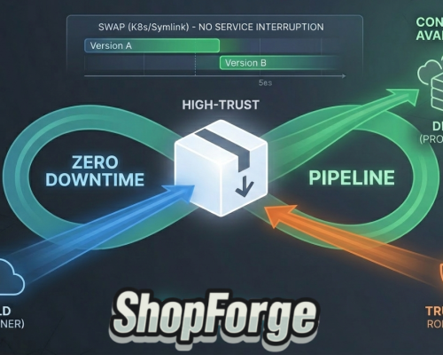 A minimalist architectural diagram designed as a featured blog image, illustrating a robust, zero-downtime deployment pipeline. The image features a single, centralized architectural Artifact package acting as the hub. A blue 'Build' stream flows into the artifact, and a powerful green data beam flows smoothly from the artifact and ascends directly to a glowing cloud labeled 'Deploy (Zero Downtime)'. This creates a seamless, infinite availability loop. A separate orange pathway loops backward with a shield 