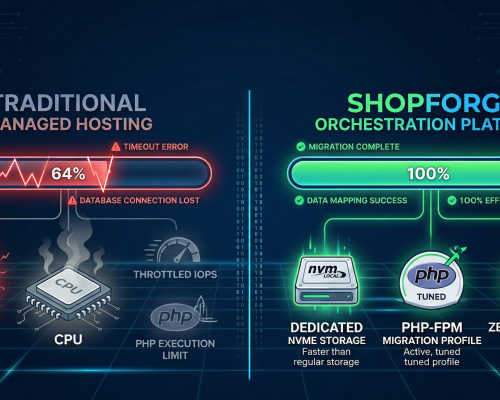 A technical infographic comparing Shopware 6.7 migration success. The left (Traditional Hosting) shows a failed 64% progress bar with timeout errors and a stressed developer. The right (ShopForge) shows a 100% complete progress bar and success icons for NVMe storage, tuned PHP-FPM, and RabbitMQ. Done in professional tech colors.
