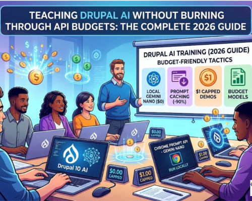 A modern classroom setting of diverse developers attending a "Drupal AI Training" workshop. A central presenter points to a digital screen titled "Budget-Friendly Tactics," highlighting key strategies: Local Gemini Nano ($0), Prompt Caching (-90%), $1 Capped Demos, and Budget Models. The students work on laptops displaying Drupal 10 AI logos and Chrome Prompt API interfaces, with floating digital icons representing "zero-cost" and "$1.00 capped" API spending limits.
