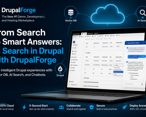 DrupalForge featured graphic showing AI Search in Drupal, with a laptop displaying a Drupal admin interface, chatbot panel, vector database icon, cloud infrastructure, and connected AI search workflow.
