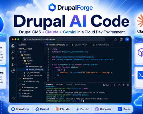 Featured promotional image for Drupal AI Code showing DrupalForge branding, Drupal, Claude, and Gemini logos, and a cloud-based code editor interface for AI-assisted Drupal development