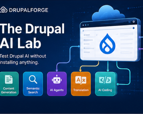 DrupalForge cloud workspace displaying Drupal AI tools for content generation, semantic search, AI agents, translation, and AI-assisted coding.