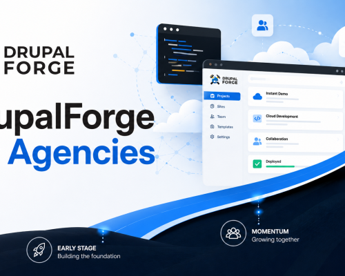 DrupalForge for Agencies graphic showing a cloud development dashboard, collaboration tools, deployment features, and an upward growth arrow.