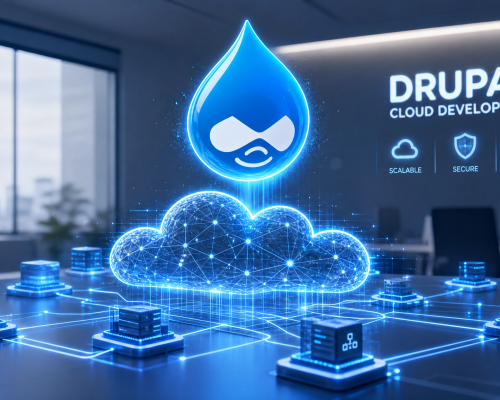 Conceptual illustration of a glowing Drupal logo hovering above a futuristic cloud computing network, representing Drupal cloud development.
