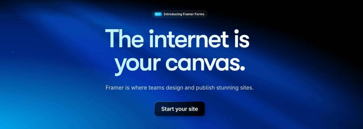 Example Component for upload, Gradient background from blue to black with The Internet is your canvas on it and Start your site in a black button.