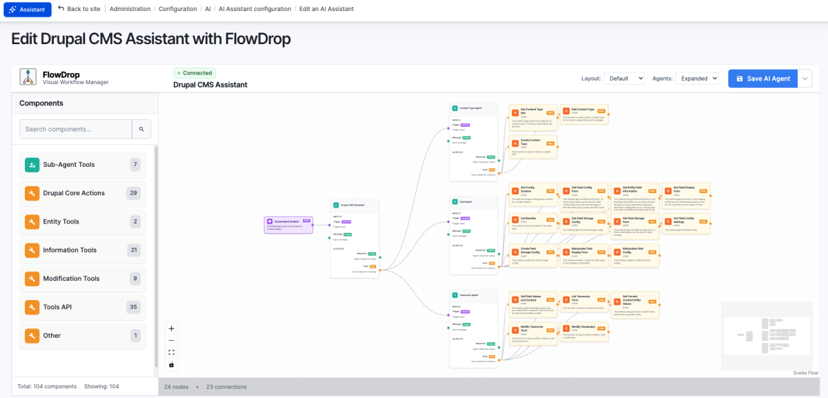 Screenshot of the FlowDrop UI Visual Agent builder editing the Drupal CMS AI Assistant