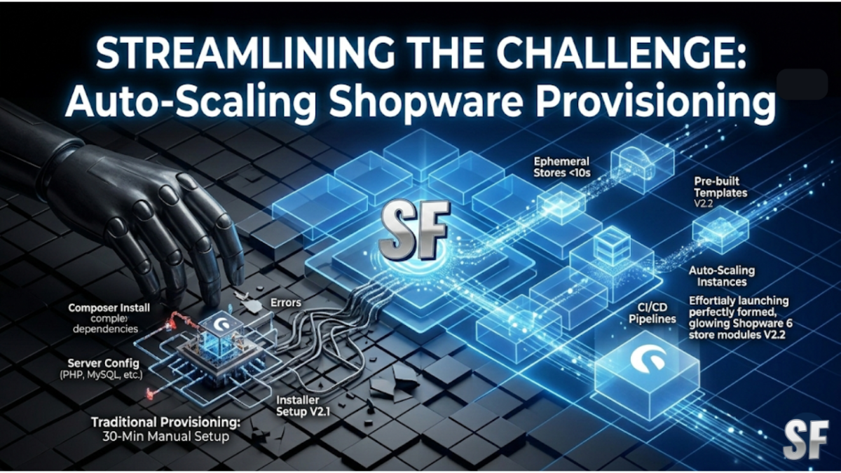 A high-tech visualization contrasting traditional 30-minute manual provisioning on a dark grid with ShopForge's glowing, efficient multi-cloud pipeline rapidly forging Perfectly Formed Ephemeral Stores, complete with the silver SF logo and title: 'STREAMLINING THE CHALLENGE: Auto-Scaling Shopware Provisioning