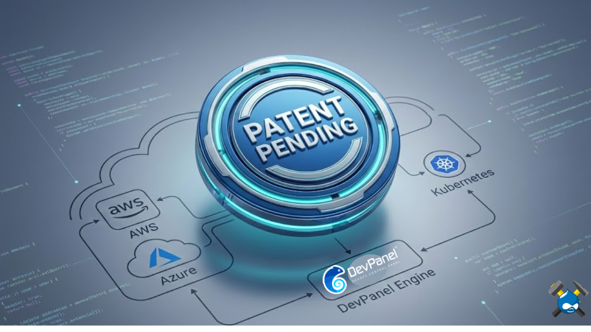Detailed 3D render of a futuristic circular 'PATENT PENDING' seal in polished blue and silver metals with cyan accents, floating over a schematic diagram of cloud orchestration showing interconnected nodes labeled AWS, Azure, Kubernetes, and DevPanel Engine.