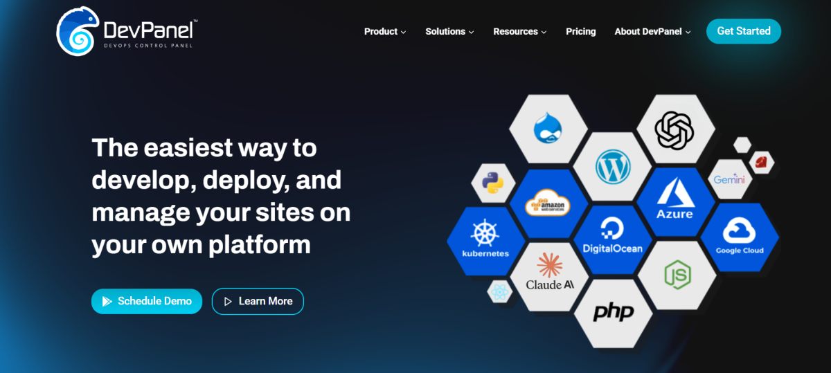 Homepage for DevPanel, a DevOps control panel featuring the headline: 'The easiest way to develop, deploy, and manage your sites on your own platform', blue 'Schedule Demo' and 'Learn More' buttons, and a cluster of hexagonal nodes displaying various compatible technology logos including Kubernetes, Drupal, and ChatGPT