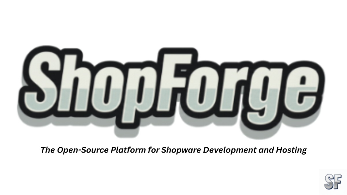 Metallic ShopForge 'SF' monogram icon with a silver gradient finish, featuring a dark blue drop shadow and a thin white outline on a clean white background