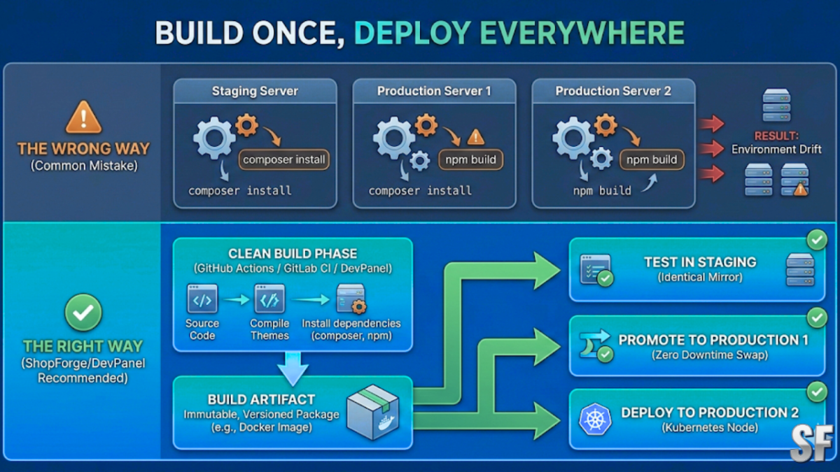 A high-level technical comparison infographic illustrating the correct versus common mistakes in Shopware 6 deployments. The top 'Wrong Way' section shows separate, risky deployments causing environment drift. The bottom 'Right Way' demonstrates the high-trust ShopForge approach: Building a unified artifact once and deploying it identically to Staging and Production servers to ensure environment parity.