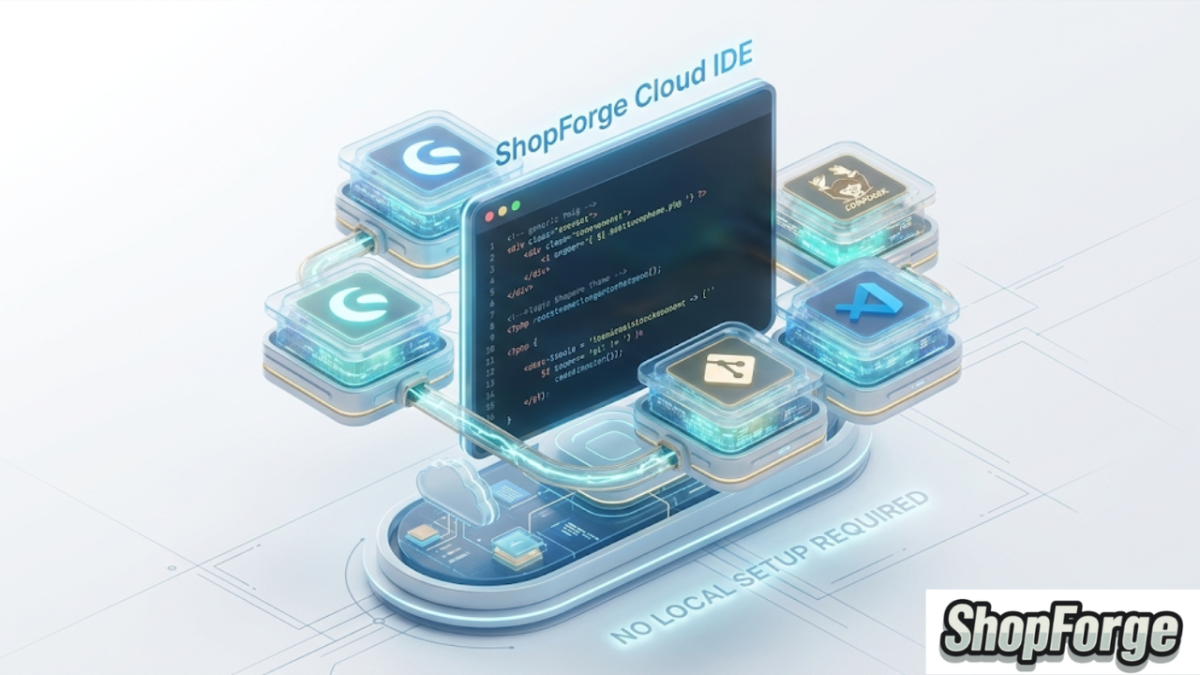 An isometric illustration shows a central "ShopForge Cloud IDE" screen displaying code. Connected to the screen are floating hexagonal modules representing "Shopware," "Composer," "Git," and "VS Code." The entire stack floats above a clean white and light gray gradient base with a subtle technical blueprint grid. The base includes integrated, glowing blue text that reads "NO LOCAL SETUP REQUIRED." The lighting is focused and technical, with soft blues and teals.