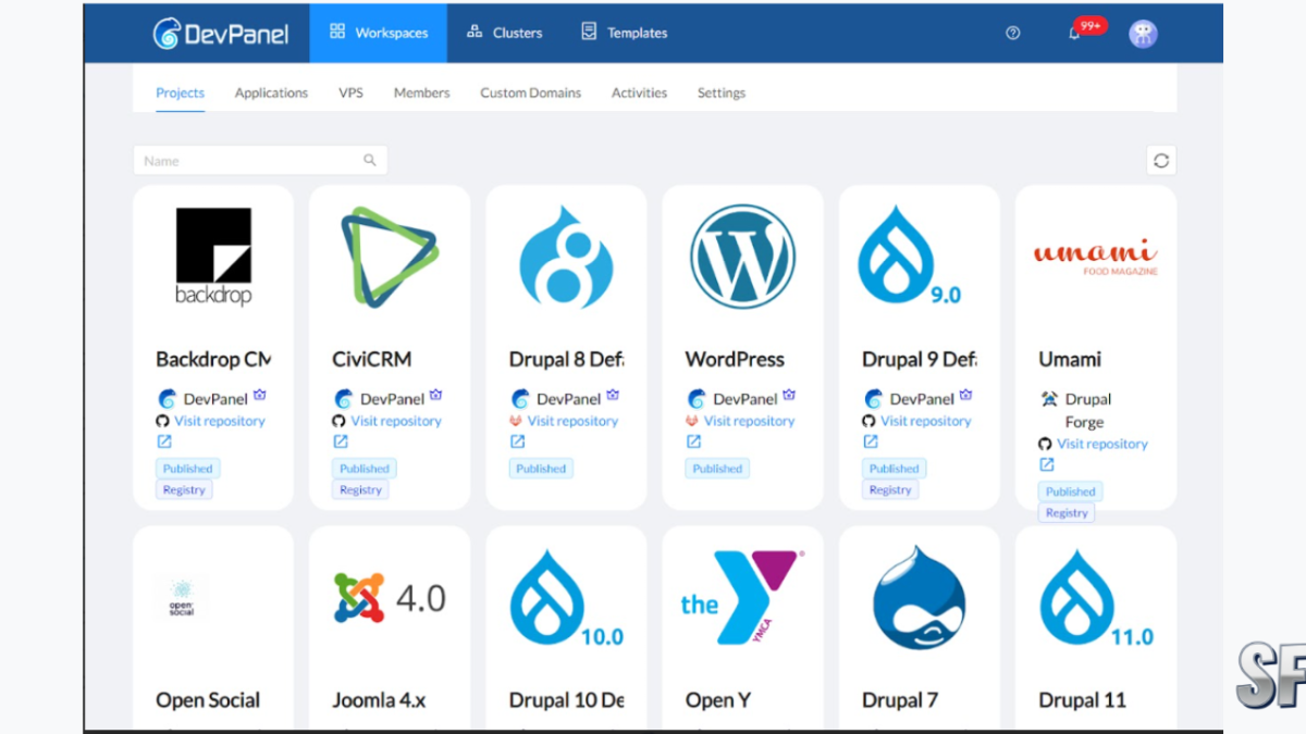 A screenshot of the DevPanel control panel showing the 'Templates' gallery. It features various application stacks including Backdrop CMS, CiviCRM, Drupal, WordPress, and Joomla, illustrating the template-based system that ShopForge uses to launch Shopware stores in seconds.