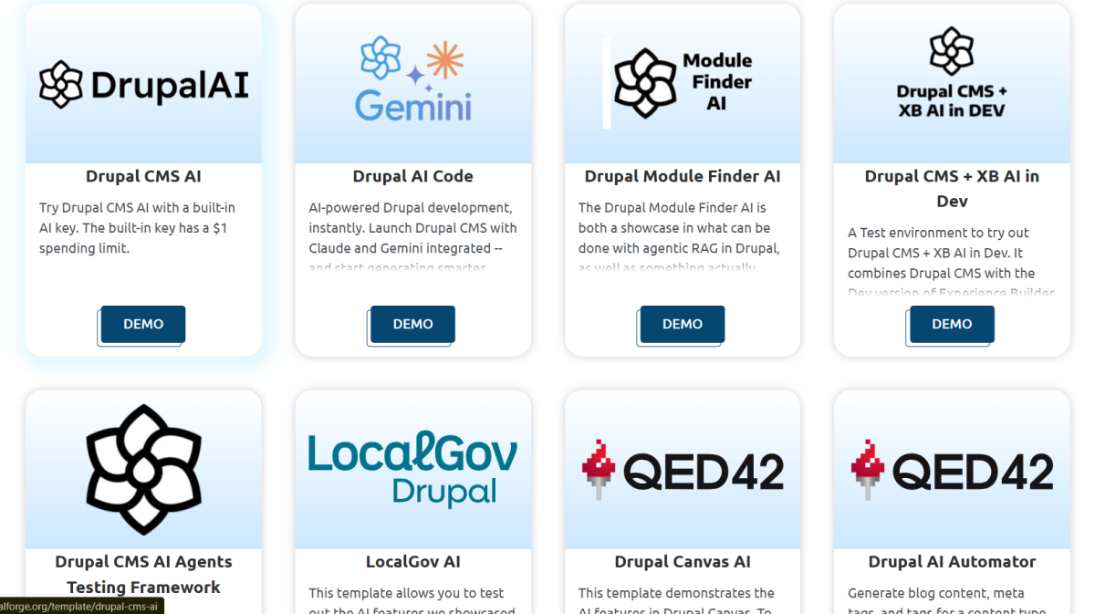 A screenshot showing a variety of available Drupal Forge AI templates, with the "Drupal CMS AI" template clearly marked, as well as logos for "DrupalAI," "Gemini," and "LocalGov Drupal," illustrating options for AI experimentation.