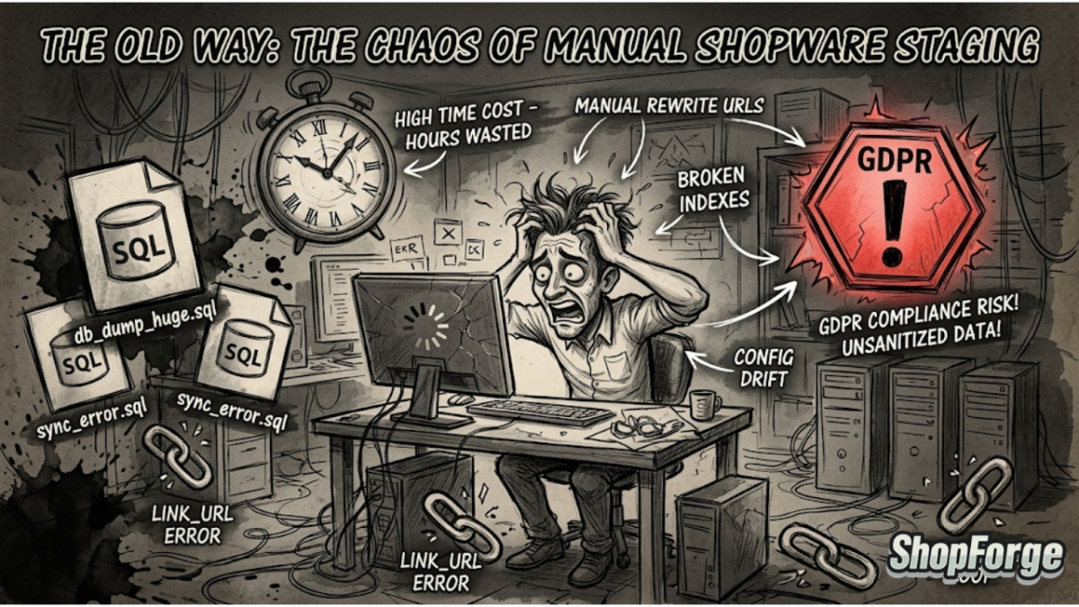 Conceptual diagram illustrating manual staging bottlenecks in Shopware 6 development.