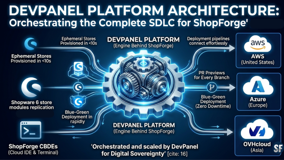 A technical architecture diagram with glowing deep blue lines illustrating the central 'DevPanel Platform' engine (a large gear) managing auto-scaling clusters across AWS, Azure, and OVHcloud. Layered above this engine is the streamlined 'ShopForge' experience, showing optimized 'Ephemeral Stores' and 'Cloud-Based Dev Environments' with the metallic 'SF' monogram and the title: 'HOW DEVPANEL POWERS SHOPFORGE