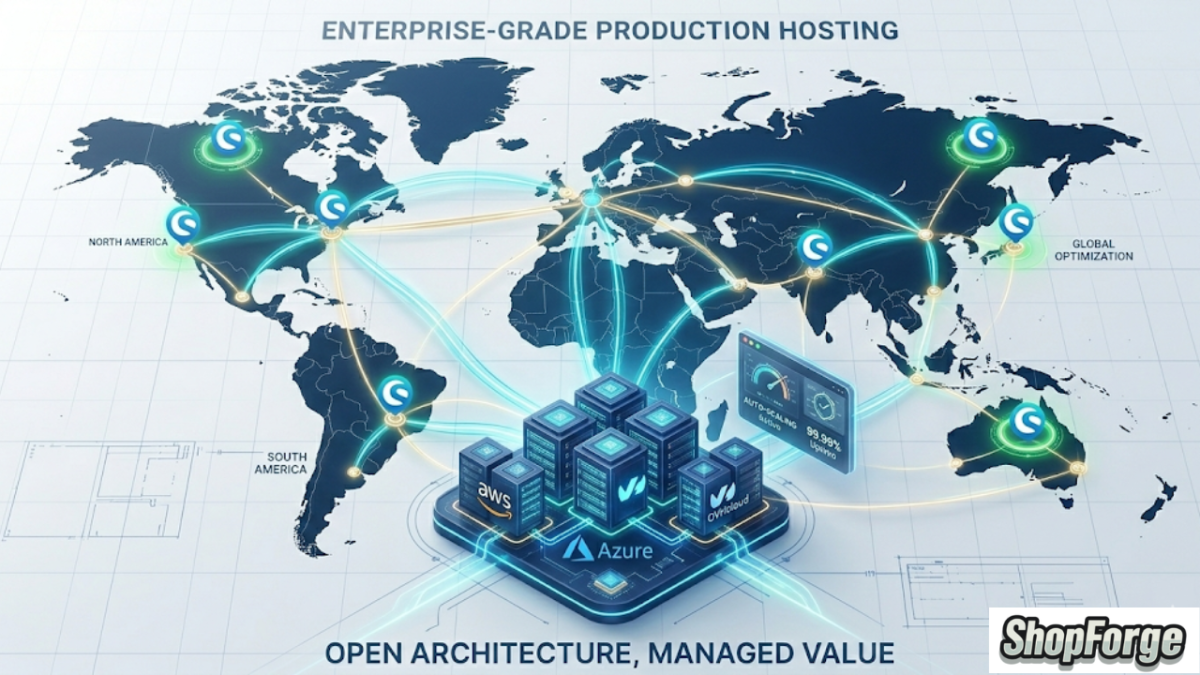 Infographic visualization showing a global ShopForge hosting network. Centered data centers for AWS, Azure, and OVH power automated, optimized Shopware 6 nodes across major continents. Key metrics dashboard indicates continuous auto-scaling and 99.99% uptime.