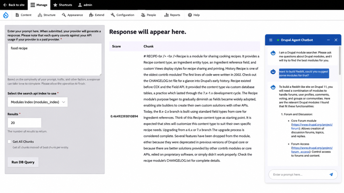 Drupal admin dashboard with chatbot panel