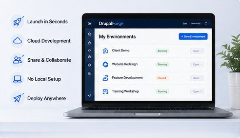 DrupalForge dashboard showing cloud environments for client demos, website projects, development, and training.