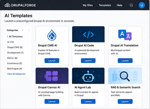 DrupalForge AI template library showing preconfigured Drupal AI environments for Drupal CMS AI, AI code, translation, Canvas AI, agents, and semantic search.