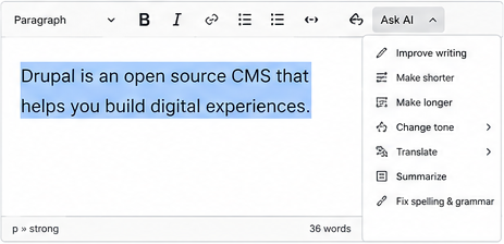 Drupal content editor using AI tools inside CKEditor to rewrite, summarize, translate, and improve selected text.