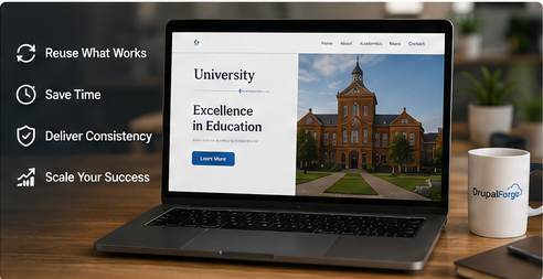 Laptop displaying a reusable university Drupal website template designed to help agencies save time and deliver consistently.