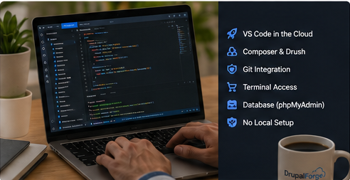 Developer using a browser-based code editor with VS Code, Composer, Drush, Git, terminal, and database tools.