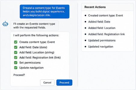 Drupal Agent Chatbot preparing to create an event content type with fields, permissions, and navigation updates.