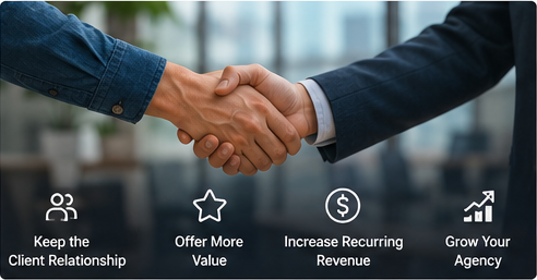 Business handshake representing stronger client relationships, expanded services, recurring revenue, and agency growth.