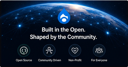 DrupalForge logo above a connected global network representing an open-source, nonprofit, community-driven platform.
