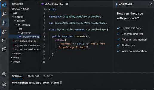 DrupalForge cloud development environment showing Drupal code, terminal tools, and an AI coding assistant inside a browser-based IDE.