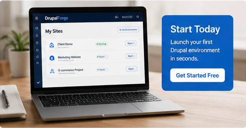 DrupalForge dashboard beside a call to action encouraging agencies to launch their first Drupal environment.