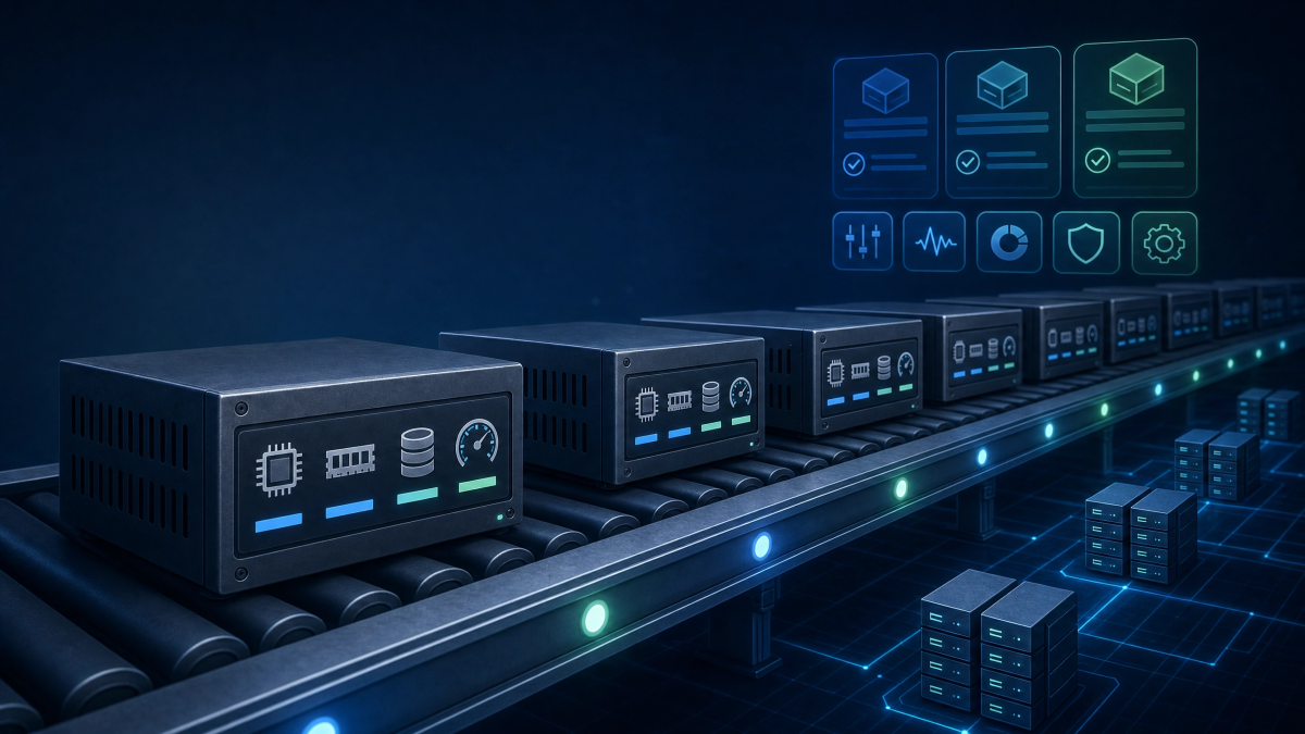Identical server boxes on a conveyor belt representing commodity hosting and raw infrastructure.