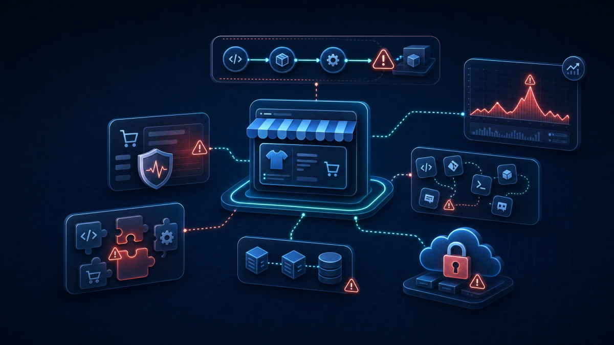 Ecommerce operations dashboard showing deployment risk, traffic spikes, plugin issues, and vendor lock-in.